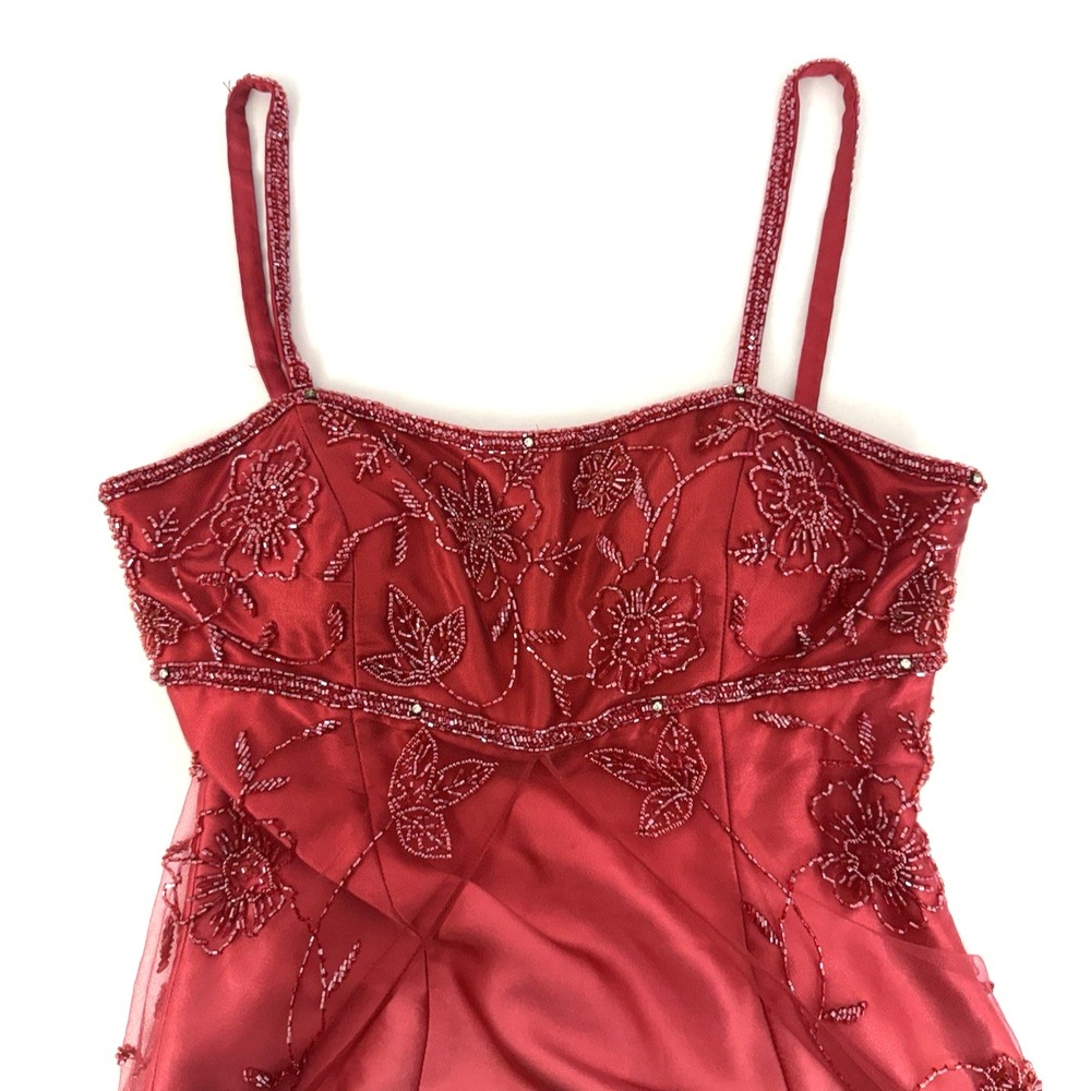 VTG Y2K Cache Red Pink Ombre Beaded Gown Dress Mesh Overlay Womens Size 4 FLAWS - Picture 4 of 16